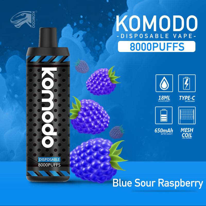 the Komodo 8000 Puffs Electronic Cigarette: The Ultimate Rechargeable Mesh Coil Disposable Vape Device for DTL Enthusiasts in Blue Sour Raspberry Flavor