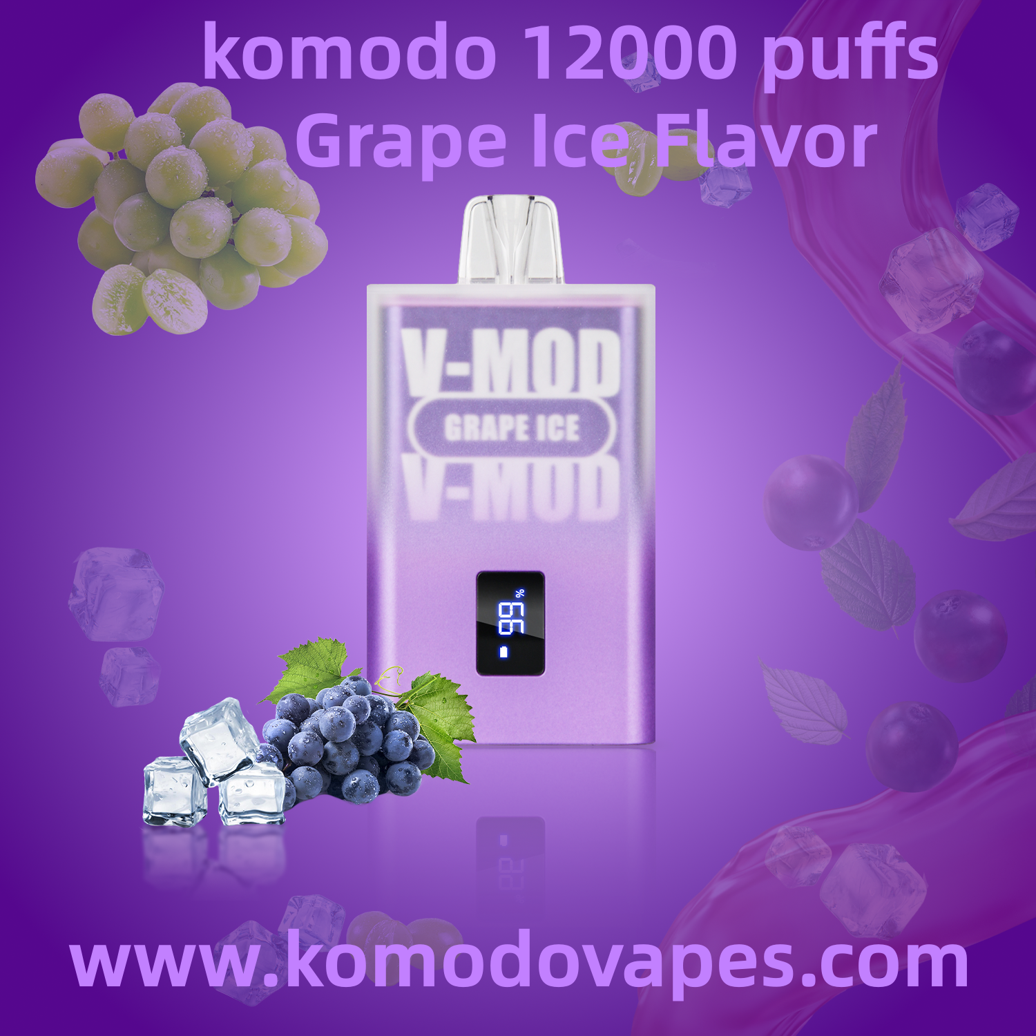 The Komodo V-Mod 12000 Puffs Rechargeable Disposable Vape Pen with LCD Screen in Grape Ice Flavor