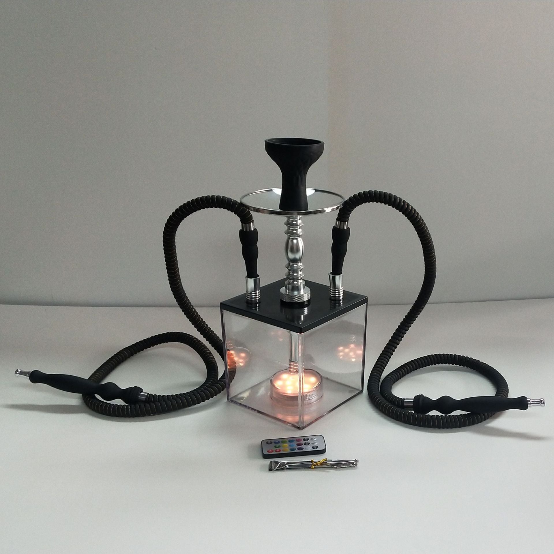 High-End LED Cube Acrylic Hookah with Double Hose – Premium Shisha for Bars and Lounges